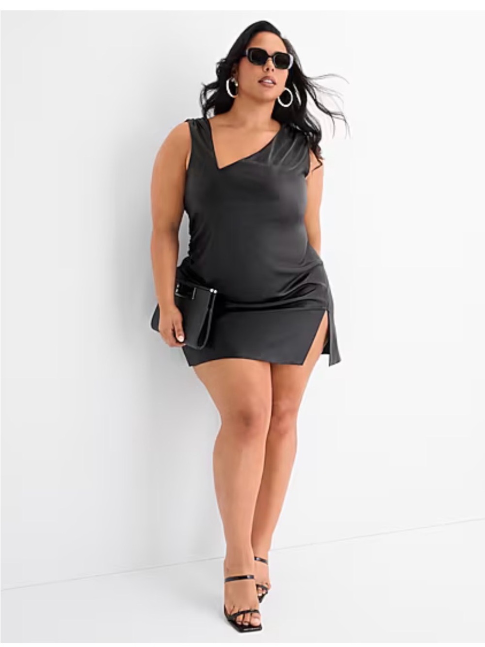 Ashley Graham Mini Asymmetrical Neck Sleeveless Faux Leather Sheath Dress